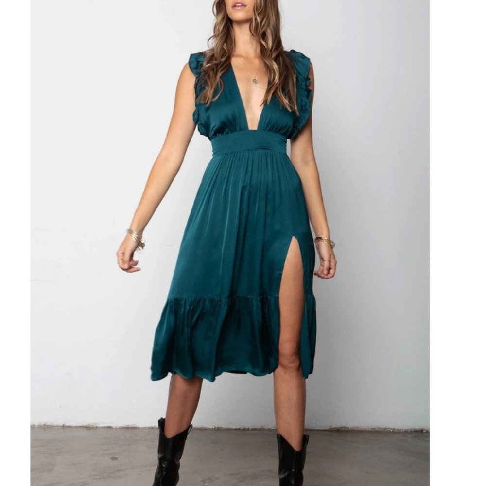 STILLWATER THE JESSIE MIDI DRESS IN EMERALD GREEN SIZE LARGE